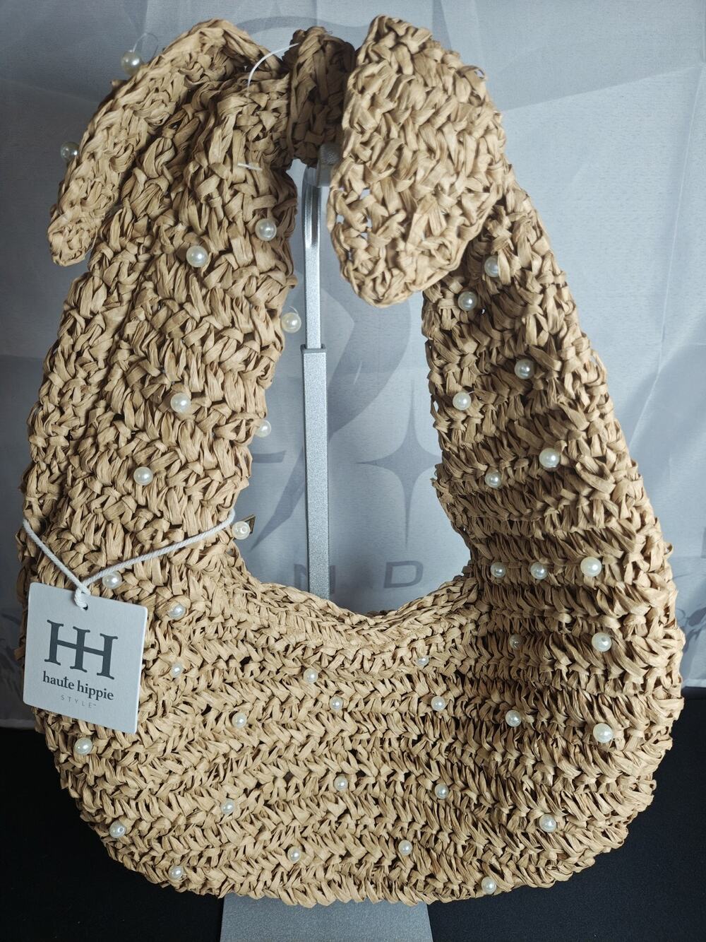 NWT Haute Hippie $90 Woven Raffia Pearl Embellished Hobo Bag/Purse